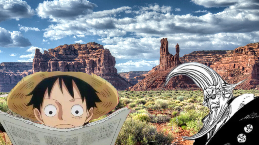 Luffy e Garling Figarland di One Piece con la Valley of the Gods come sfondo