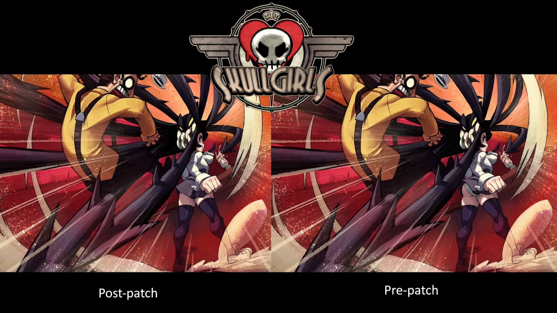 Skullgirls differenza in un disegno prima e dopo l'aggiornamento