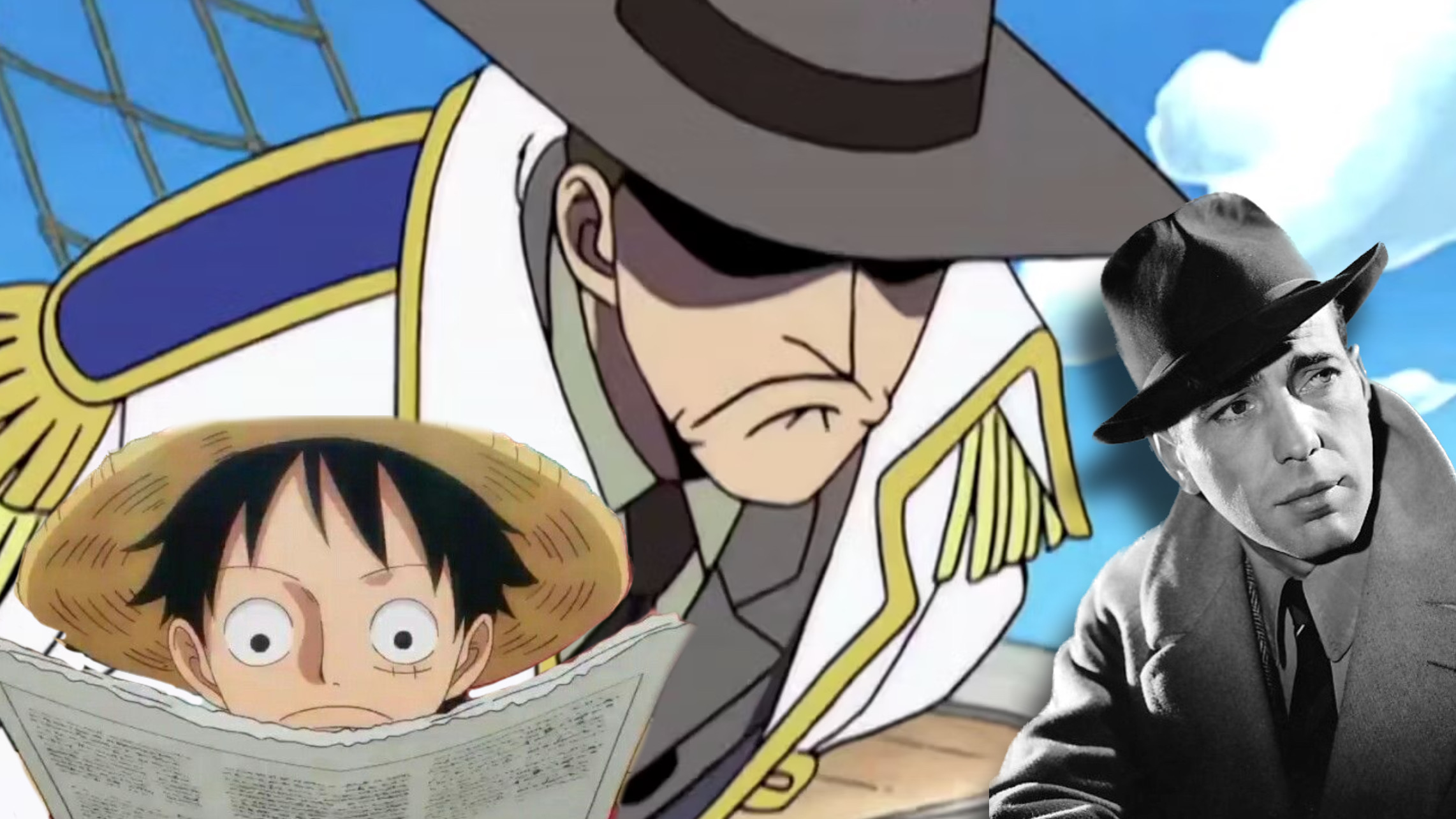 One Piece, Luffy che legge e Humphrey Bogart e sullo sfondo Bogard