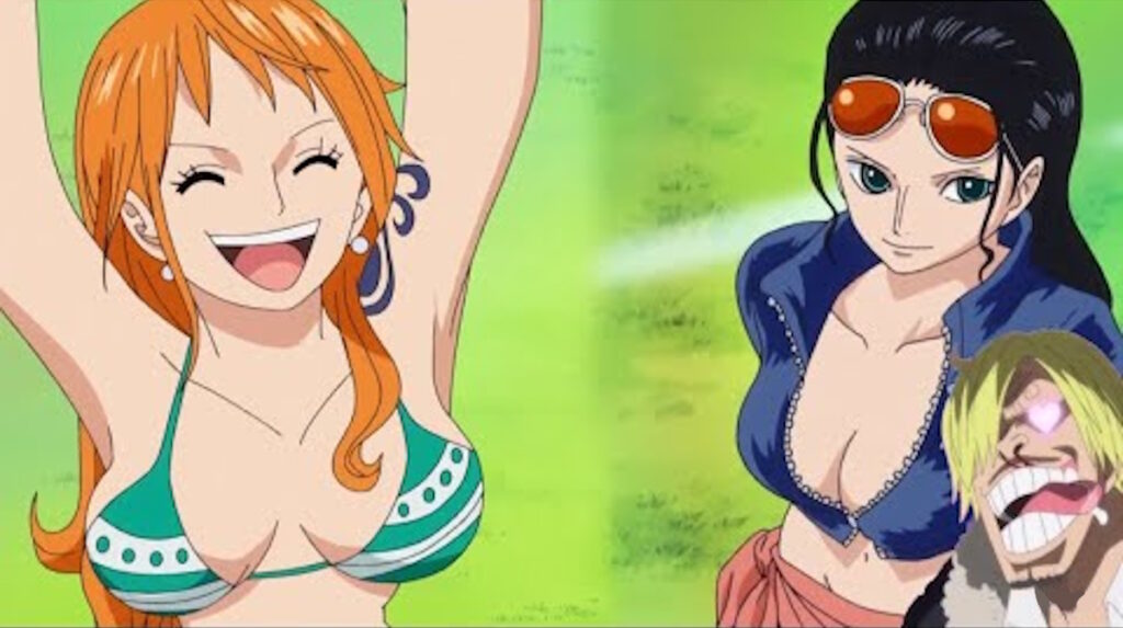 One Piece Nami e Nico Robin con Sanji con gli occhi a cuoricino