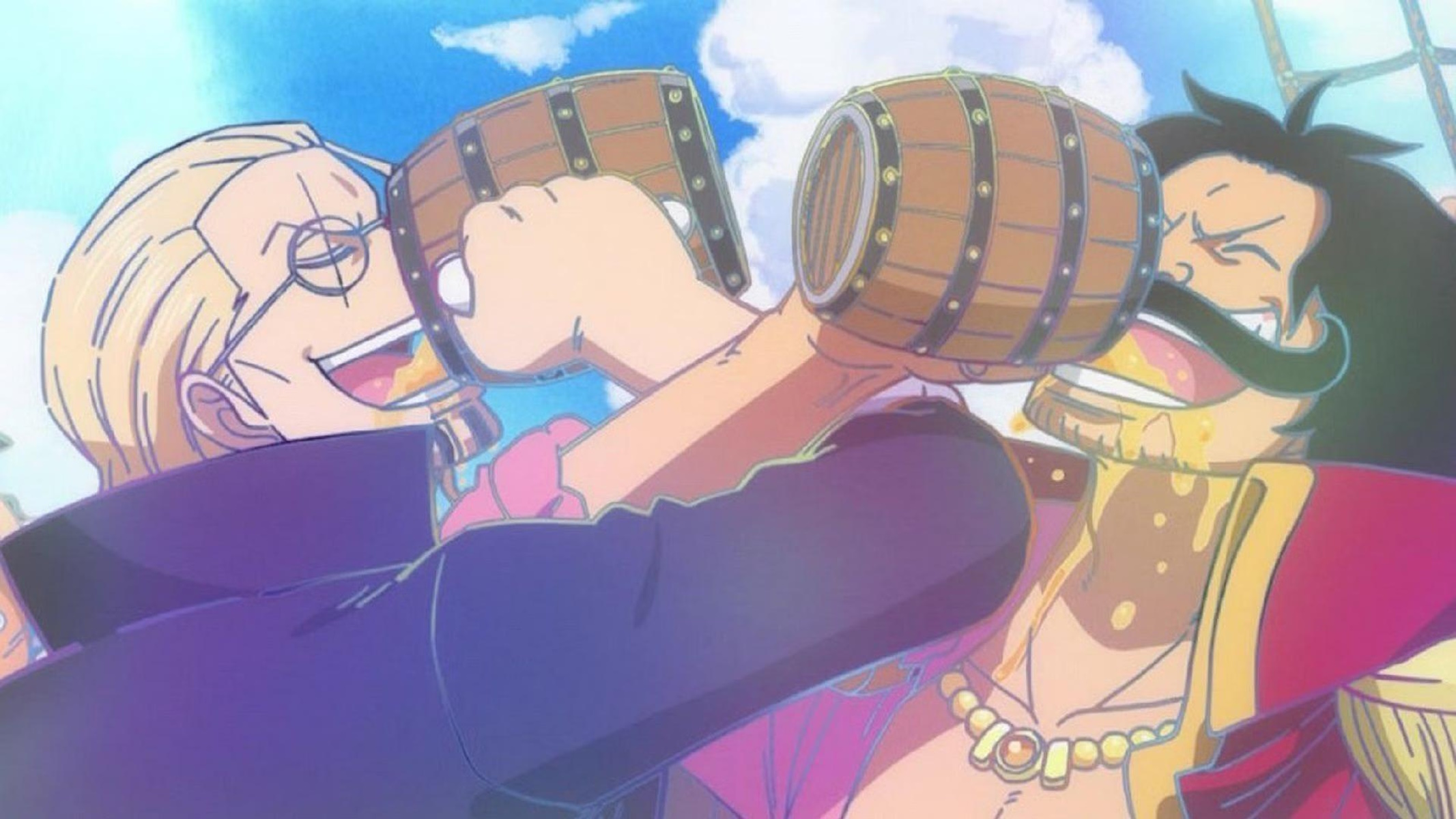 One Piece Rayleigh e Roger bevono un drink