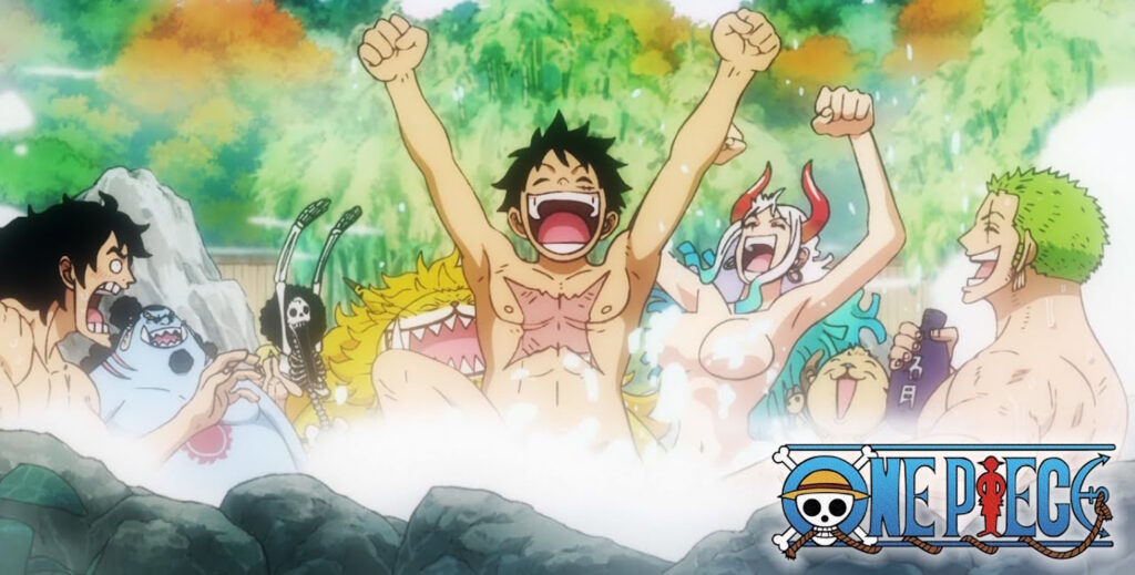 One Piece scena dei festeggiamenti nel bagno termale dell'arco di Wano