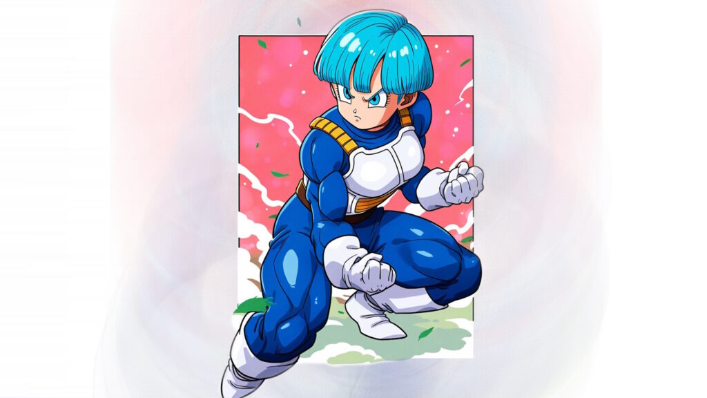 Bulma di Dragon Ball in posa da combattimento con gli abiti Saiyan di Vegeta