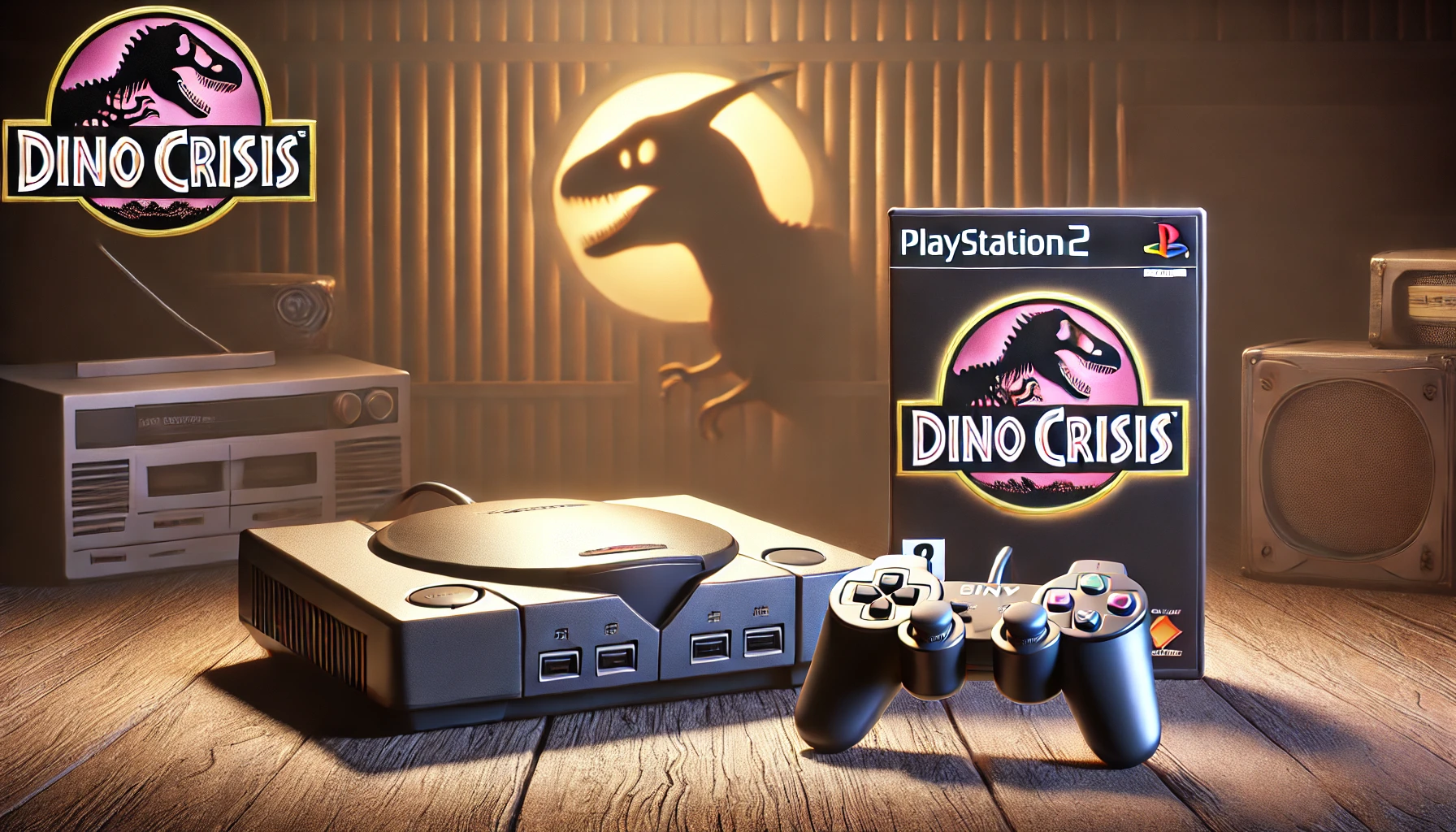 DALL·E 2024 10 16 11.20.09 A photorealistic image of a video game console with a Dino Crisis game case beside it. The background should evoke a nostalgic gaming atmosphere feat