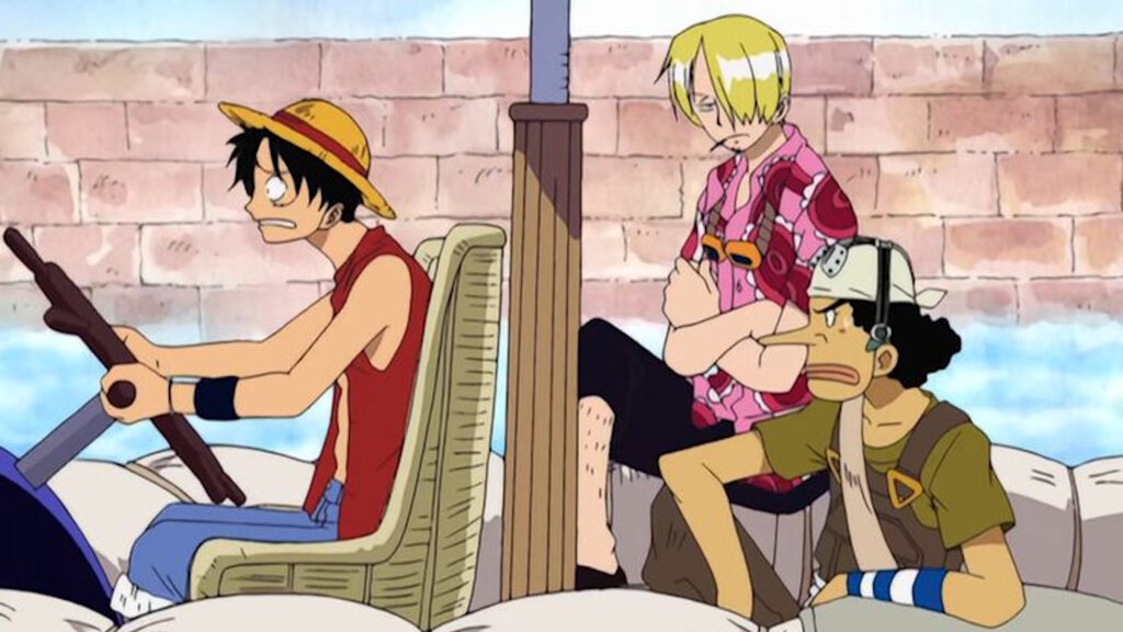 One Piece Luffy con Sanji e Usopp guida una barca sull'isola nel cielo