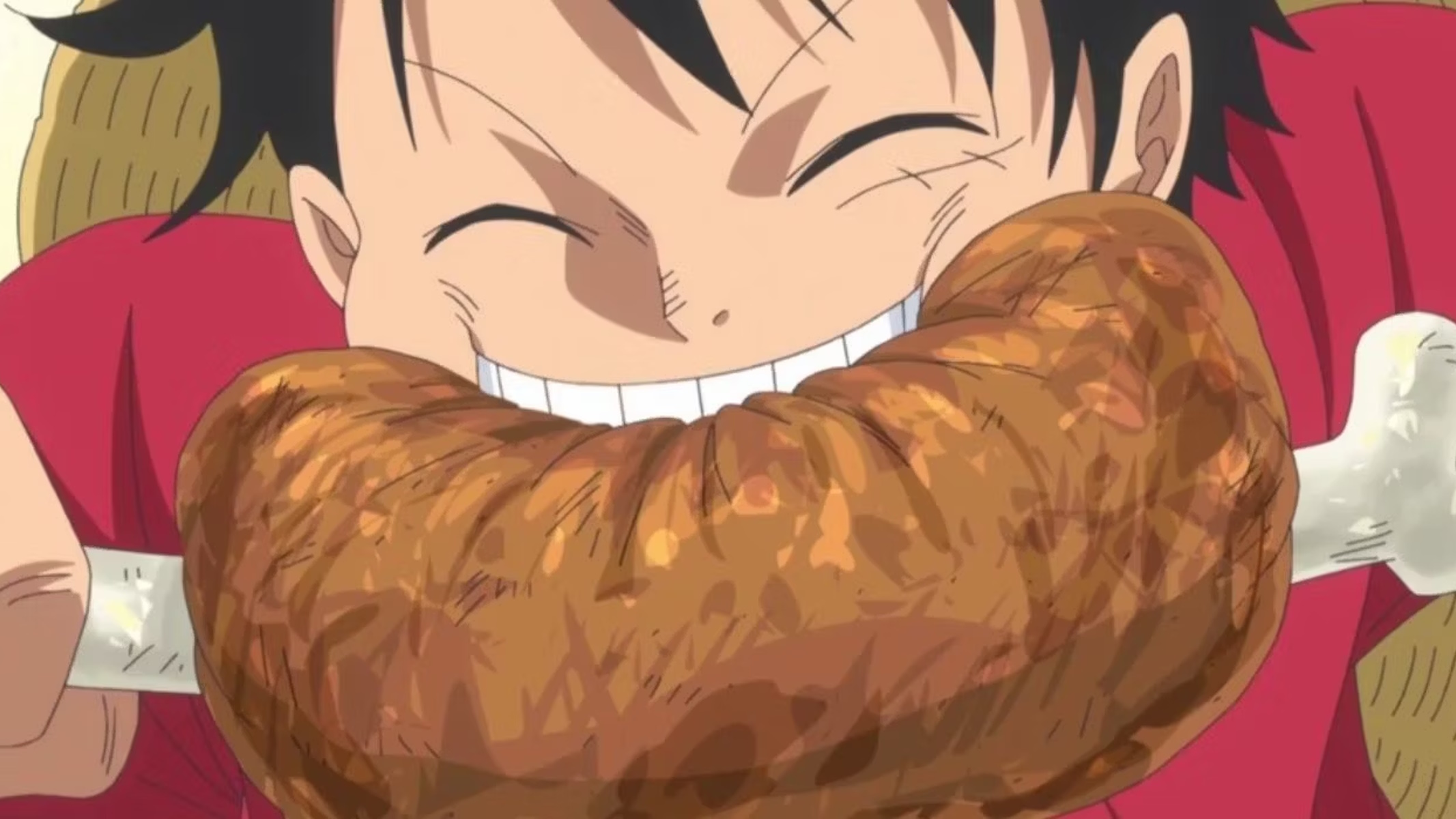 One Piece Luffy che mangia un cosciotto di carne