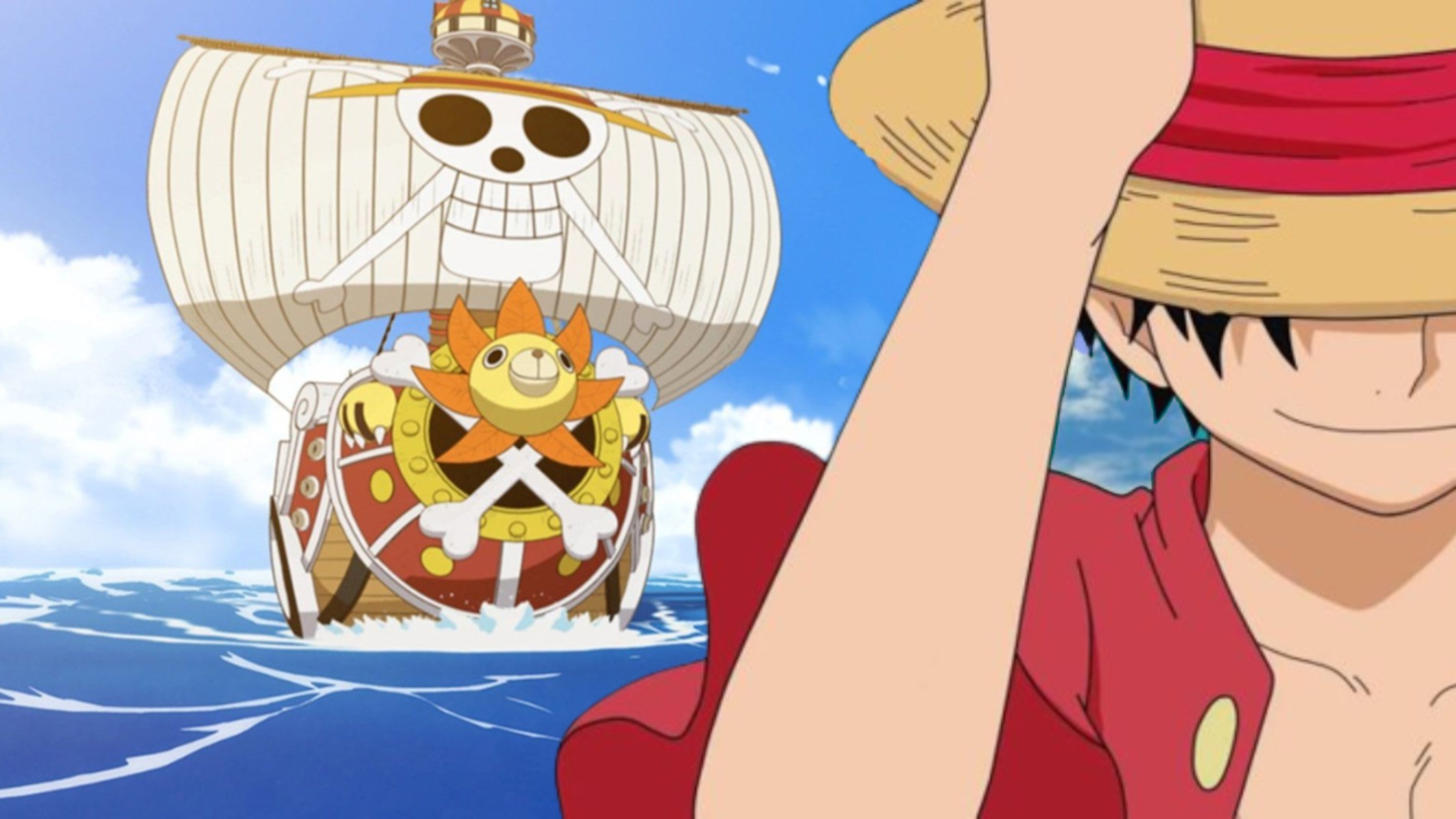 One Piece, Luffy sorridente con la Thousand Sunny sullo sfondo