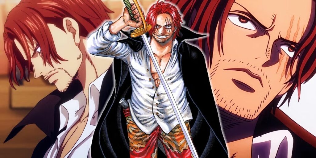 shanks smiling holding his sword with a side profile of shanks to the left and a close up shot of sh