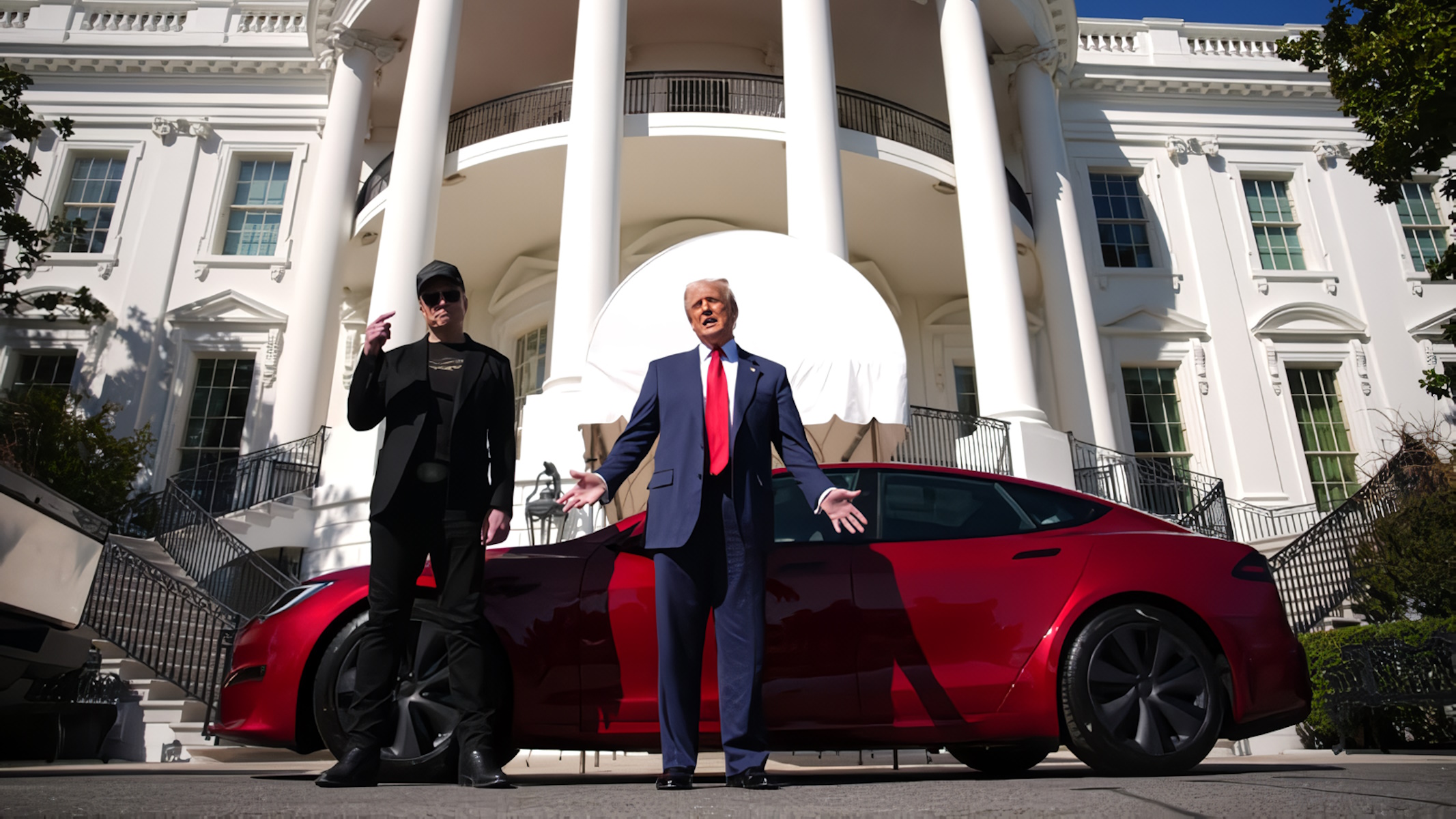 Dondal Trump ed Elon Musk con la Tesla Model S Rossa davanti alla casa bianca